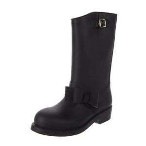 Valentino RED Designer Black Chic Rubber Boots with Ankle Bow Accent and Buckle
